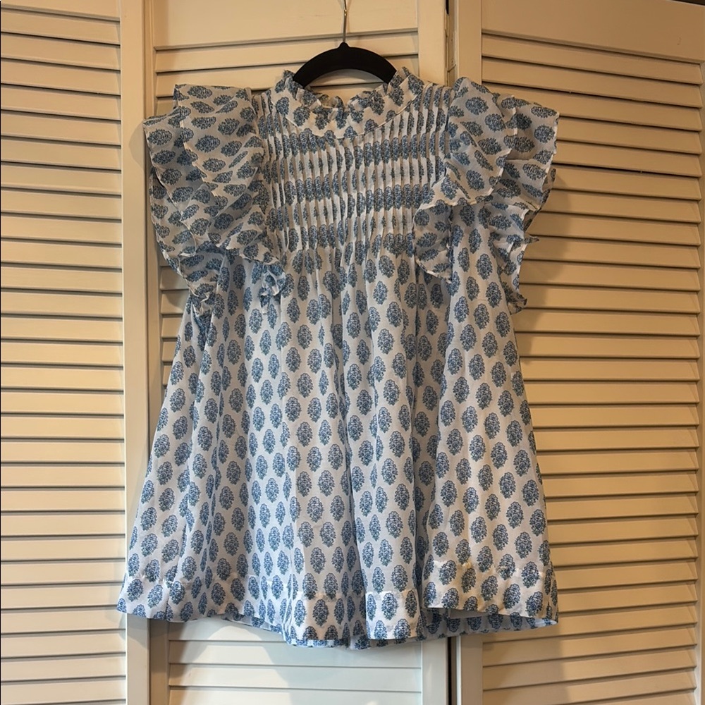 Blue and White Smocked Cap Sleeve Blouse - Picture 2 of 5